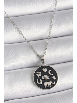 Shoplet Buğz 316L Çelik Gümüş Renk Siyah Renk Şans Kolyesi