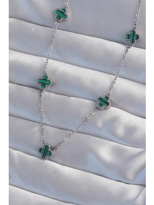Shoplet Buğz 316L Çelik Gümüş Renk Minimal Yeşil Mineli Yonca Kolye