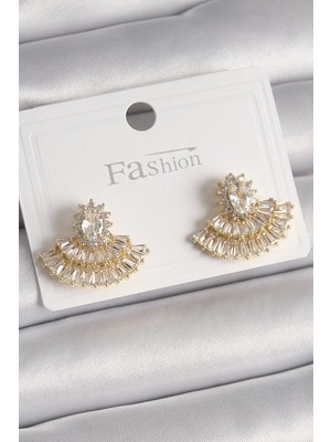 Shoplet Buğz Pirinç Gold Renk Zirkon Taşlı Yelpaze Model Kadın Küpe