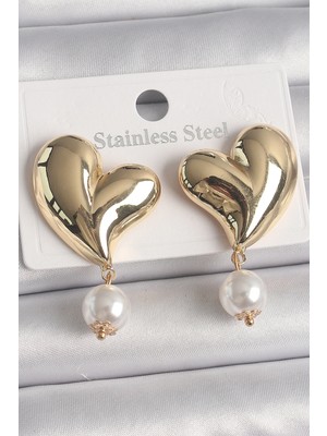 Shoplet Buğz Pirinç Gold Renk Kalp Model Sallantı Inci Detay Kadın Küpe