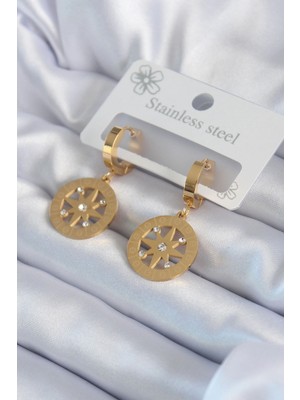Shoplet Buğz 316L Çelik Gold Renk Kutup Yıldızı Model Işleme Detay Zirkon Taşlı Kadın Küpe