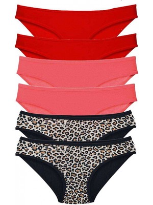 Marsilyan 6 Adet Likralı Kadın Slip Külot Leopar Kırmızı Fuşya