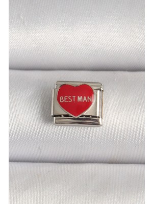 Shoplet Buğz 316L Çelik Gümüş Renk 'best Man' Yazılı Kırmızı Kalp Işlemeli Nomination Charm