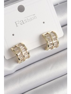 Shoplet Buğz Pirinç Gold Renk Çift Sıra Zirkon Taşlı Kadın Küpe