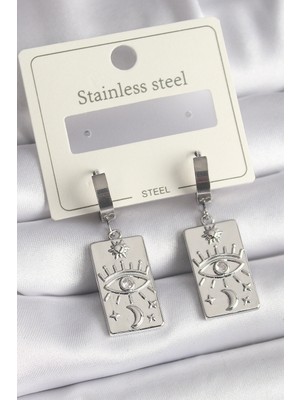 Shoplet Buğz 316L Çelik Gümüş Renk Zirkon Taşlı Göz Işleme Detaylı Plaka Model Kadın Küpe