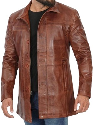 Nyc Giyim Tekstil Hakiki Koyun Derisi Erkek Deri Mont,koyu Taba Renk, Uzun Trençkot Tarzı, Askeri Silüet, Fermuarlı ve Çıtçıtlı, Hakim ve Gömlek Yaka, 5 Cepli