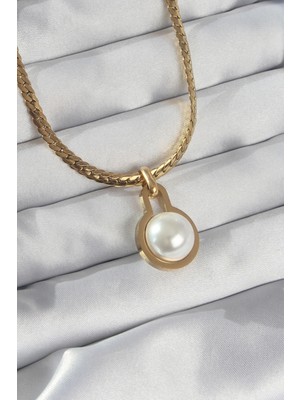 Shoplet Buğz 316L Çelik Gold Renk Yassı Zincir Inci Taşlı Kolye
