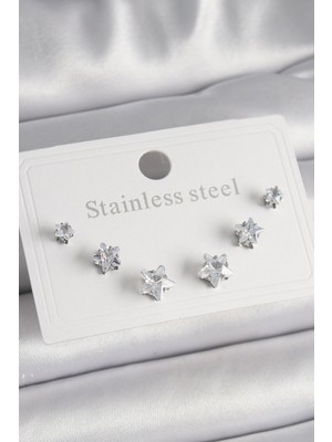 Shoplet Buğz 316L Çelik Gümüş Renk Zirkon Taşlı Yıldız Model Kadın Küpe Seti