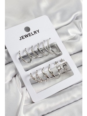 Shoplet Buğz Pirinç Karışık Halka Model Gümüş Renk 6 Çift Kadın Küpe Set