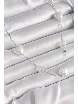 Shoplet Buğz Pirinç Gümüş Renk Beyaz Inci Kalp Model Kadın Kolye