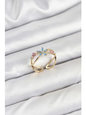 Shoplet Buğz Pirinç Gold Renk Zirkon Taşlı Mavi Çiçekli Kadın Yüzük