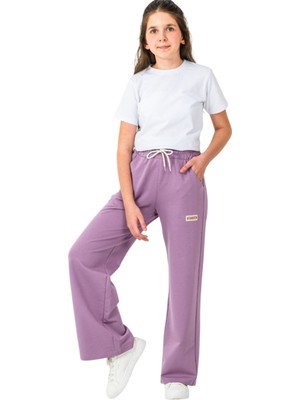 İrem Çocuk Giyim Kız Çocuk Geniş Paça Model Beli Lastik Ip Bağlamalı Armalı Cepli Mor Renk Eşofman Altı