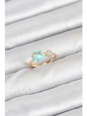 Shoplet Buğz Pirinç Gold Renk Mavi Yıldızlı Model Kadın Yüzük