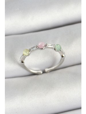 Shoplet Buğz Pirinç Sıralı Boncuk Figürlü Zirkon Taşlı Gümüş Renk Ayarlanabilir Kadın Yüzük