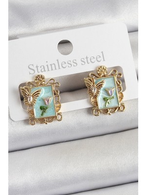 Shoplet Buğz Pirinç Yeşil Mineli Sanatsal Portre Model Gold Renk Kadın Küpe