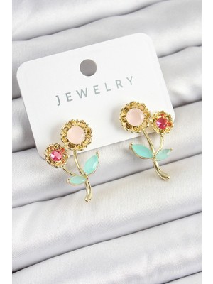 Shoplet Buğz Pirinç Renkli Zirkon Taşlı Papatya Model Gold Renk Kadın Küpe