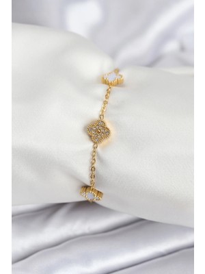 Shoplet Buğz 316L Çelik Gold Renk Beyaz ve Zirkon Taşlı Baby Boy Yonca Kadın Bileklik
