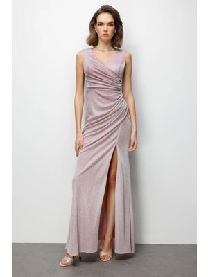 Ekol Büzgü Detaylı Yırtmaçlı Simli Elbise 6082