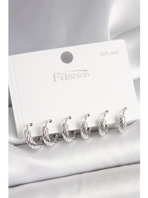 Shoplet Buğz 925 Ayar Gümüş Çivi Pirinç Gümüş Renk Işlemeli Halka Model Kadın Küpe Seti