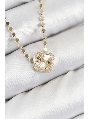 Shoplet Buğz Pirinç Zirkon Taşlı Yonca Model Ezme Zincir Gold Renk Kadın Kolye