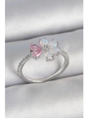 Shoplet Buğz Pirinç Gümüş Renk Beyaz Mineli Pembe Zirkon Taşlı Çiçek Model Kadın Yüzük