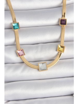 Shoplet Buğz 316L Çelik Gold Renk Italyan Zincir Model Kare Renkli Zirkon Taşlı Kadın Kolye