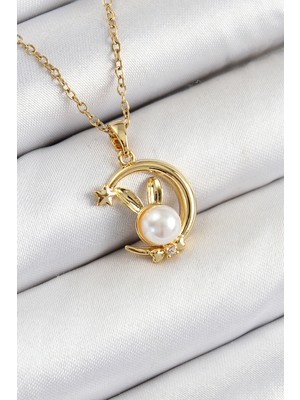 Shoplet Buğz 316L Çelik Inci Detaylı Hilal Tavşan Model Gold Renk Kadın Kolye