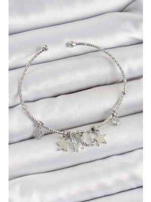 Shoplet Buğz Pirinç Zirkon Taşlı Kelebek ve Yıldız Model Gümüş Renk Charm Bileklik