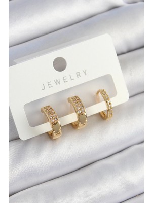 Shoplet Buğz Pirinç Zirkon Taşlı Halka Model Gold Renk 3'lü Çift Kadın Küpe Set