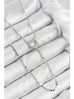 Shoplet Buğz Pirinç Zirkon Taşlı Ezme Zincirli Kalp Model Gümüş Renk Y Kolye