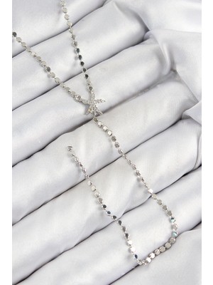 Shoplet Buğz Pirinç Zirkon Taşlı Ezme Zincirli Deniz Yıldızı Model Gümüş Renk Y Kolye