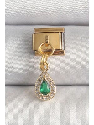 Shoplet Buğz 316L Çelik Gold Renk Sallantı Damla Yeşil Zirkon Taşlı Nomination Charm