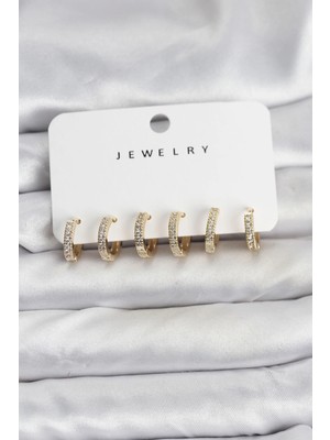 Shopwave Gold Renk Pirinç Zirkon Taşlı Halka Kadın Küpe Seti