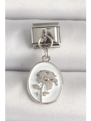 Shoplet Buğz 316L Çelik Gümüş Renk Çiçek Işlemeli Beyaz Portre Model Nomination Charm