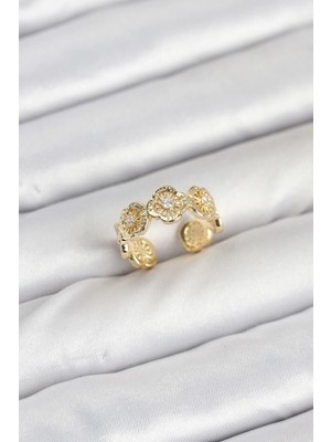 Shoplet Buğz Pirinç Gold Renk Yonca Model Kadın Yüzük