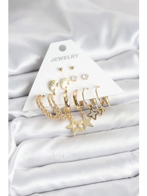 Shoplet Buğz Gold Renk Yıldızlı Set 6 Çift Kadın Küpe Seti