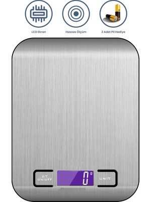 Virnex Plt Power Dijital Hassas Paslanmaz Yüzeyli Mutfak Terazisi Tartısı 5KG/1GR Hassasiyet Pil Hediye