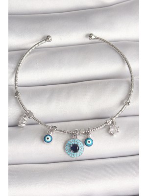 Shoplet Buğz Pirinç Gümüş Renk Sallantı Zirkon Taşlı Nazar Boncuk Figür Charm Kadın Bileklik