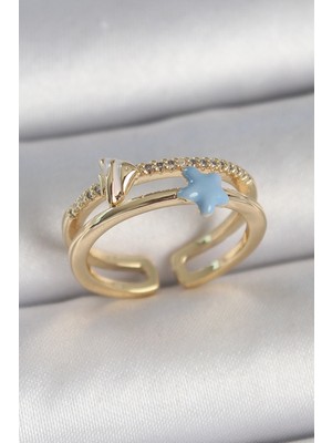 Shoplet Buğz Pirinç Gold Renk 2'li Zirkon Taşlı Mavi Yıldız Figür Ayarlanabilir Kadın Yüzük