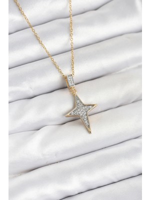 Shoplet Buğz 316L Çelik Zincir Gold Renk Kutup Yıldızı Model Zirkon Taşlı Kadın Kolye