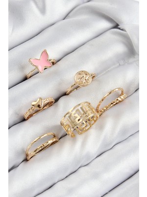 Shoplet Buğz Pirinç Kelebek ve Kalp Model Gold Renk Kadın Yüzük Kombin Set