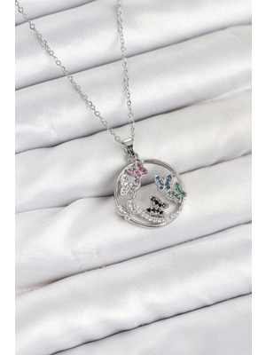 Shoplet Buğz 316L Çelik Zincir Gümüş Renk Zirkon Taşlı Kelebekli Kadın Kolye