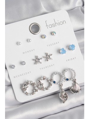 Shoplet Buğz Pirinç Gümüş Renk Incli Zirkon Taşlı Halka Figür Yıldız Detay 7 Çift Kadın Küpe Seti