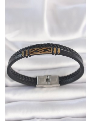 Shoplet Buğz 316L Çelik Gold Renk Aksesuarlı Çift Sıra Siyah Burgu Desenli Deri Kordon Erkek Bileklik