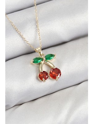 Shoplet Buğz Pirinç Zirkon Taşlı Kiraz Model Gold Renk Kadın Kolye
