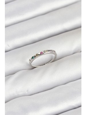 Shoplet Buğz Pirinç Gümüş Renk Renkli Zirkon Taşlı Kadın Yüzük