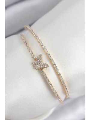 Shoplet Buğz Pirinç Zirkon Taşlı Kelebek Model Gold Renk Kadın Bileklik