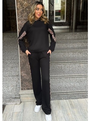 Serac Collection Kadın Kapüşonlu Leopar Detay Sweat ve Yüksek Bel Yanları Leopar Şeritli Bol Paça Pantolon Ikili Takım