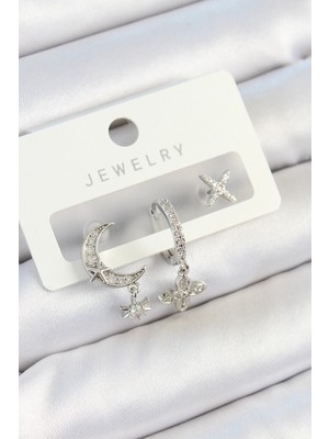 Shoplet Buğz Pirinç Zirkon Taşlı Çiçek ve Ay Model Gümüş Renk 3'lü Çift Kadın Küpe Set