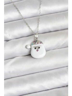 Shoplet Buğz 316L Çelik Zincir Gümüş Renk Şapkalı Kardan Adam Kafası Model Yılbaşı Temalı Kadın Kolye